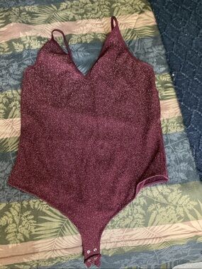 Dynamite Sparkle Burgundy V-Neck Bodysuit
